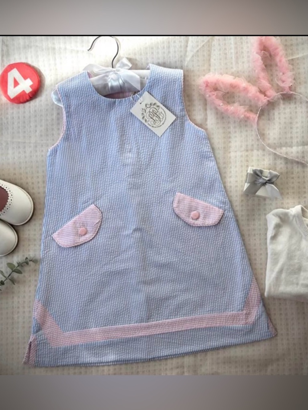 The Beaufort Bonnet Company Blue & Pink Striped Seersucker Dress